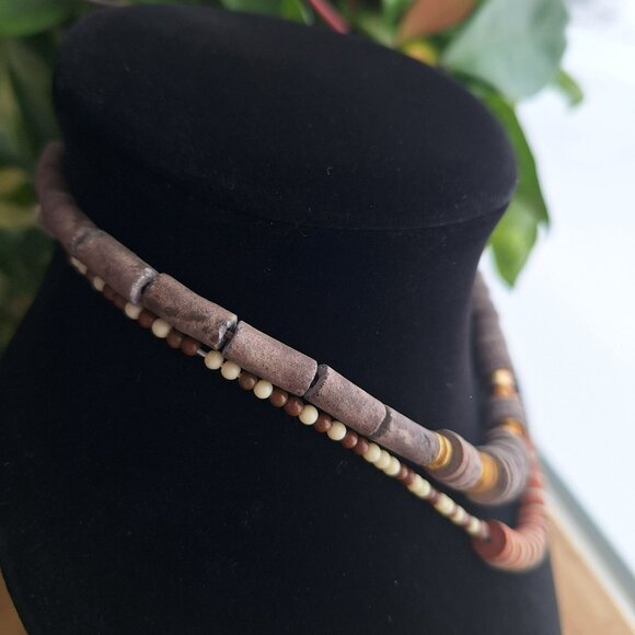 Vintage Earthy Clay Stone Beaded Necklaces Set Of 2 With Gold Accents - Picture 6 of 8